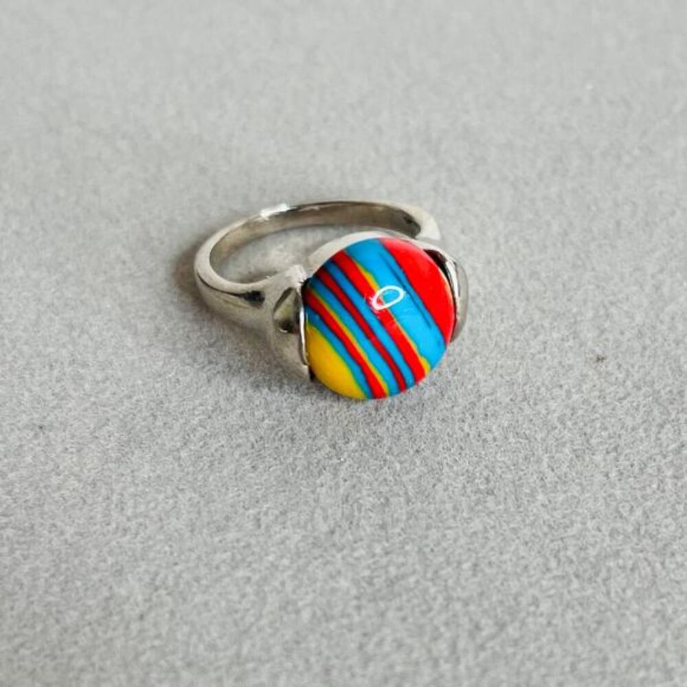 Size 6.5 Red Blue Yellow Colorful Enamel Silver Tone Ring